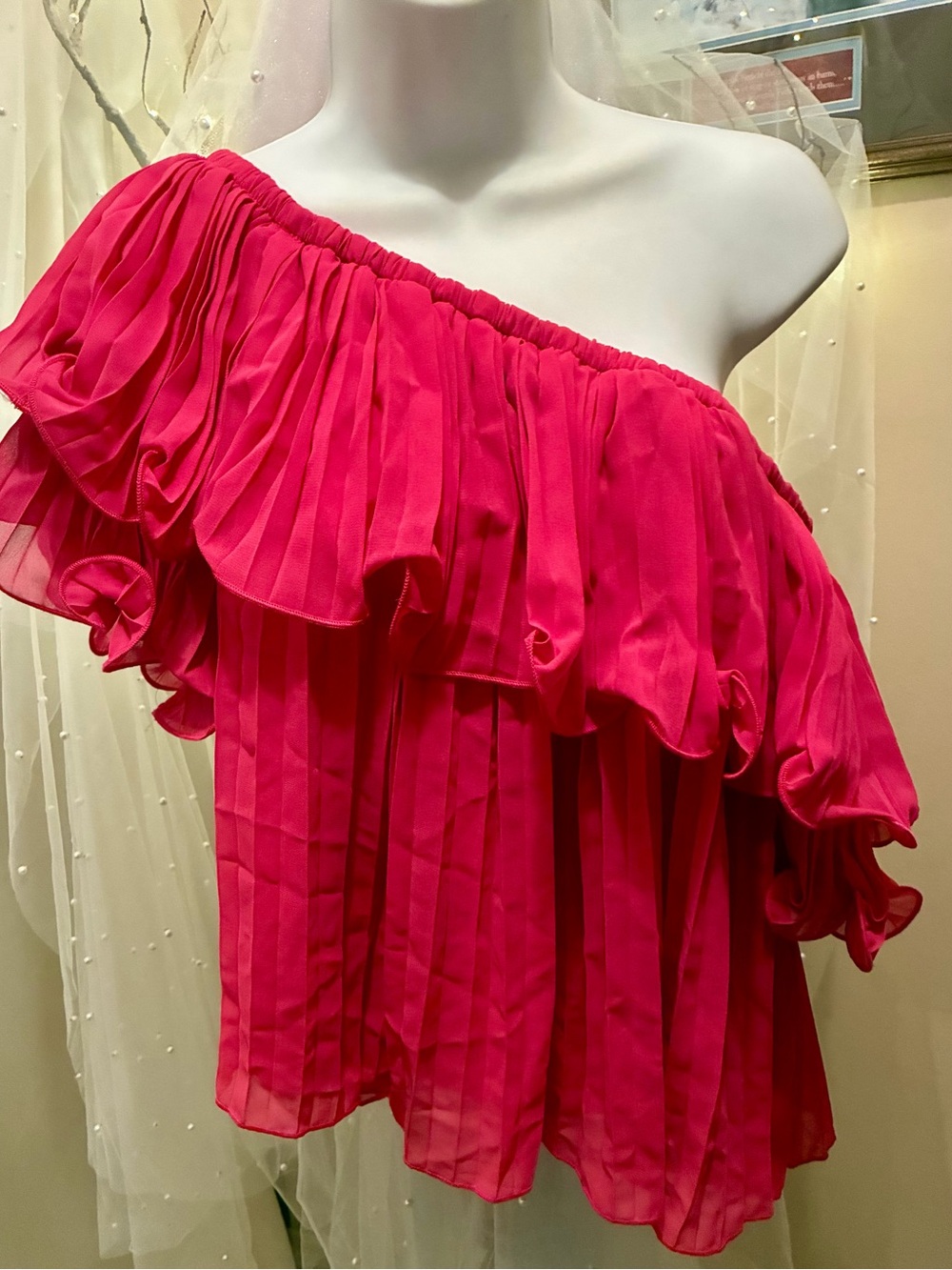 Flying Tomato Hot Pink One-Shoulder Ruffle Blouse